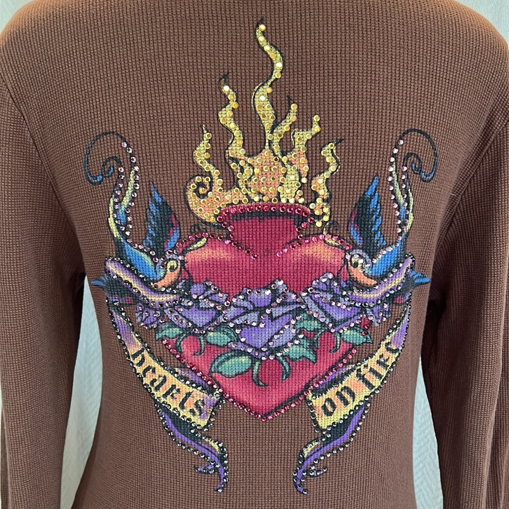 AnKH Vintage Rhinestone Long Sleeve “❤️ on Fire”Thermal Henley Shirt. Size L.